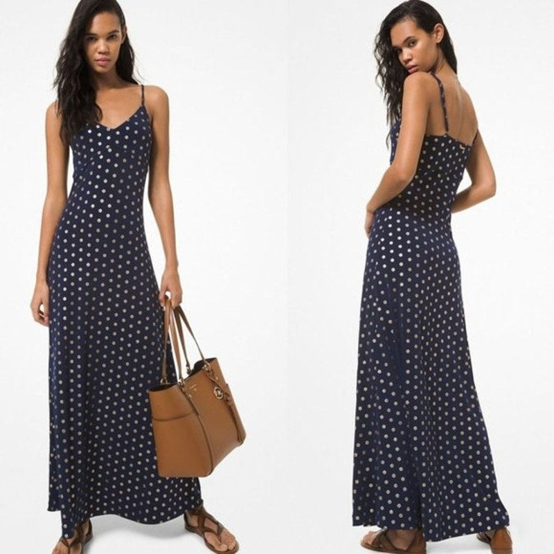 Michael Kors Medallion Foil Print Sleeveless Maxi Dress Navy Blue Gold Medium