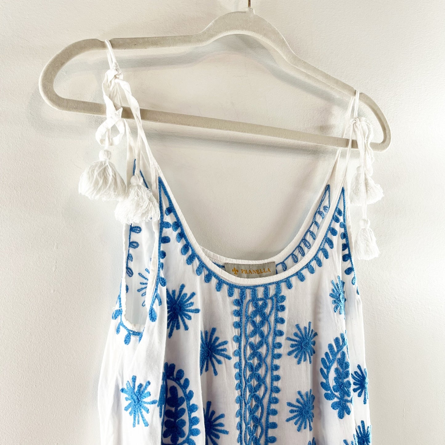Pranella Tie Strap Embroidered Swim Mini Cover Up Dress White Blue Small