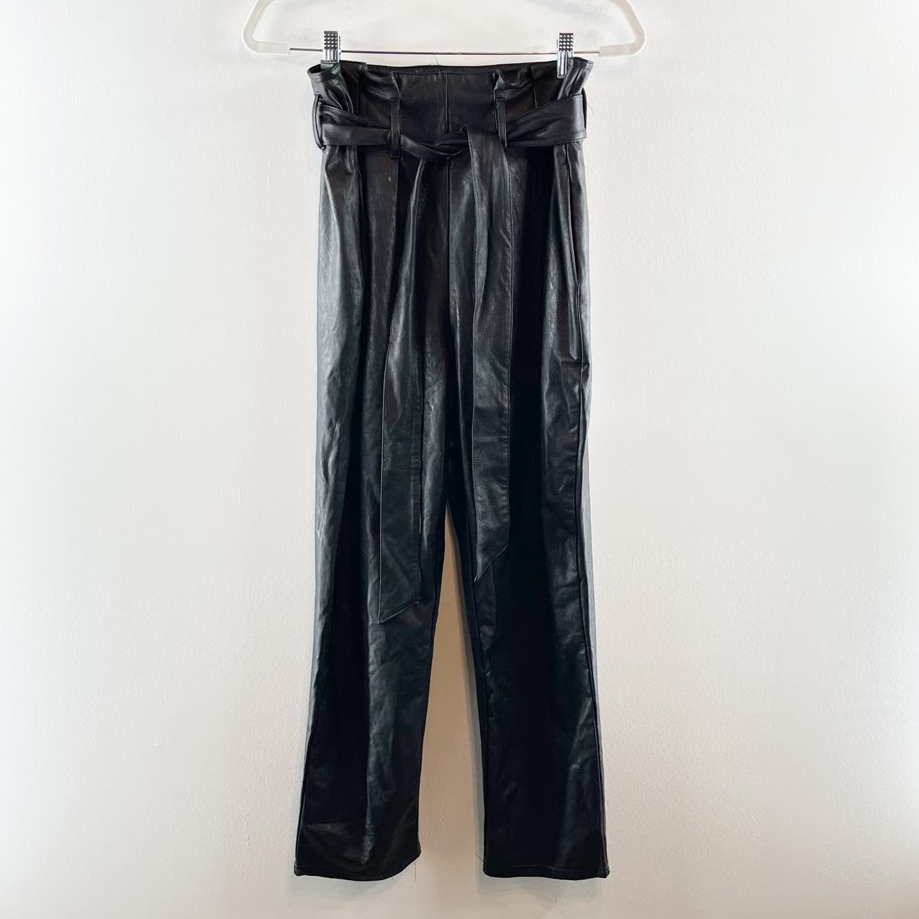 Commando Belted Paperbag Waist Cropped Faux Leather Pants Black Medium