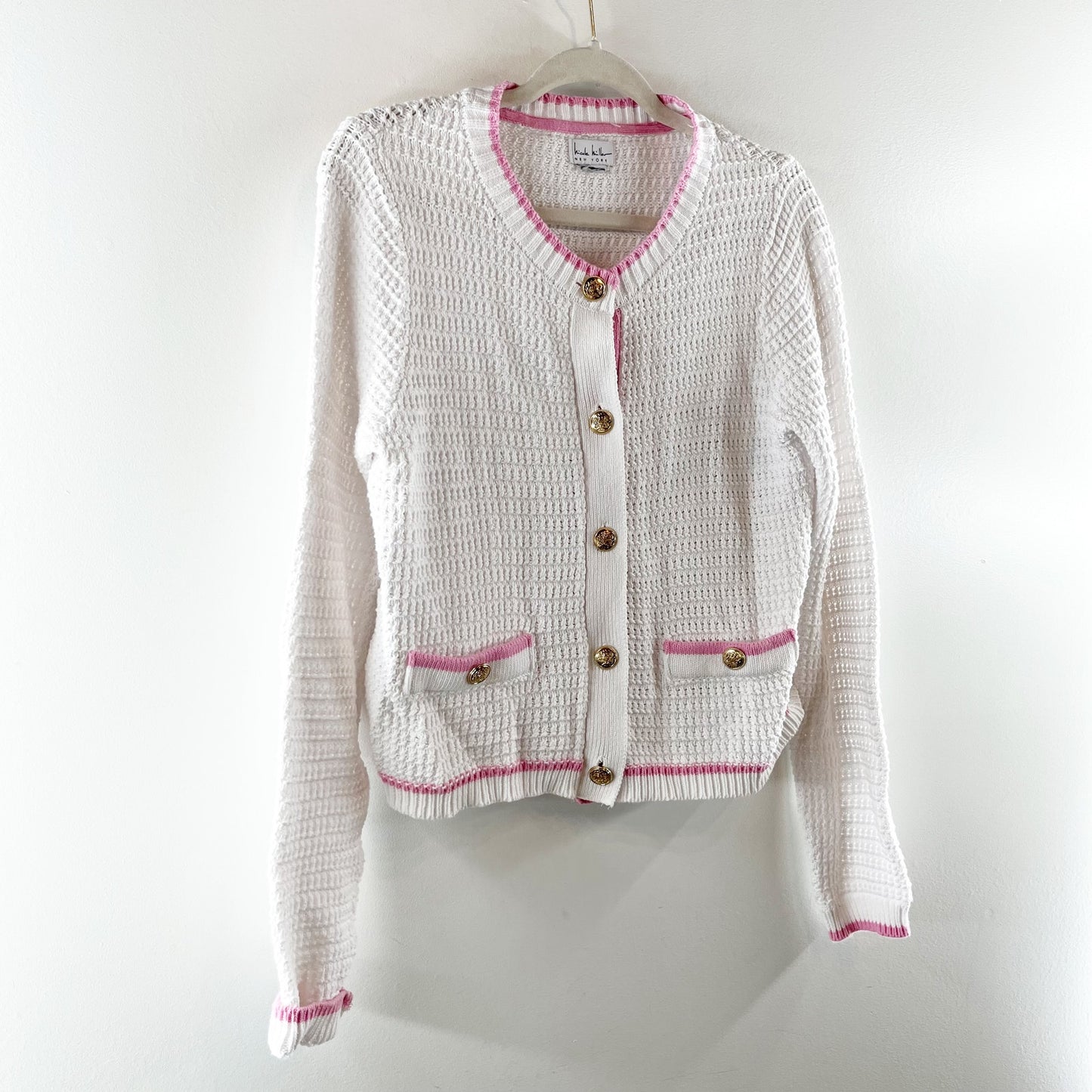 Nicole Miller Long Sleeve Cotton Button Up Cardigan Sweater White Pink Medium