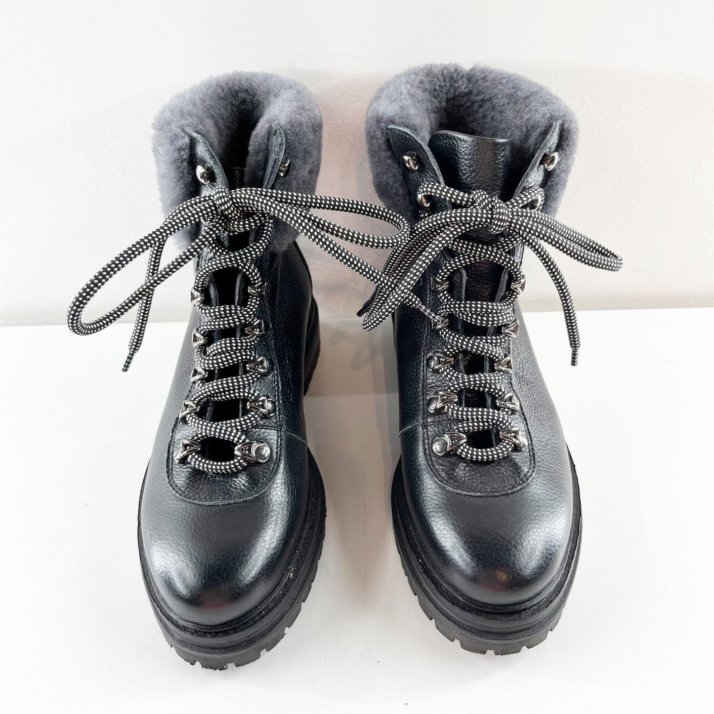 M Gemi Alpi Lace Up Ankle Combat Boots Shearling Faux Fur Trim Black 7.5
