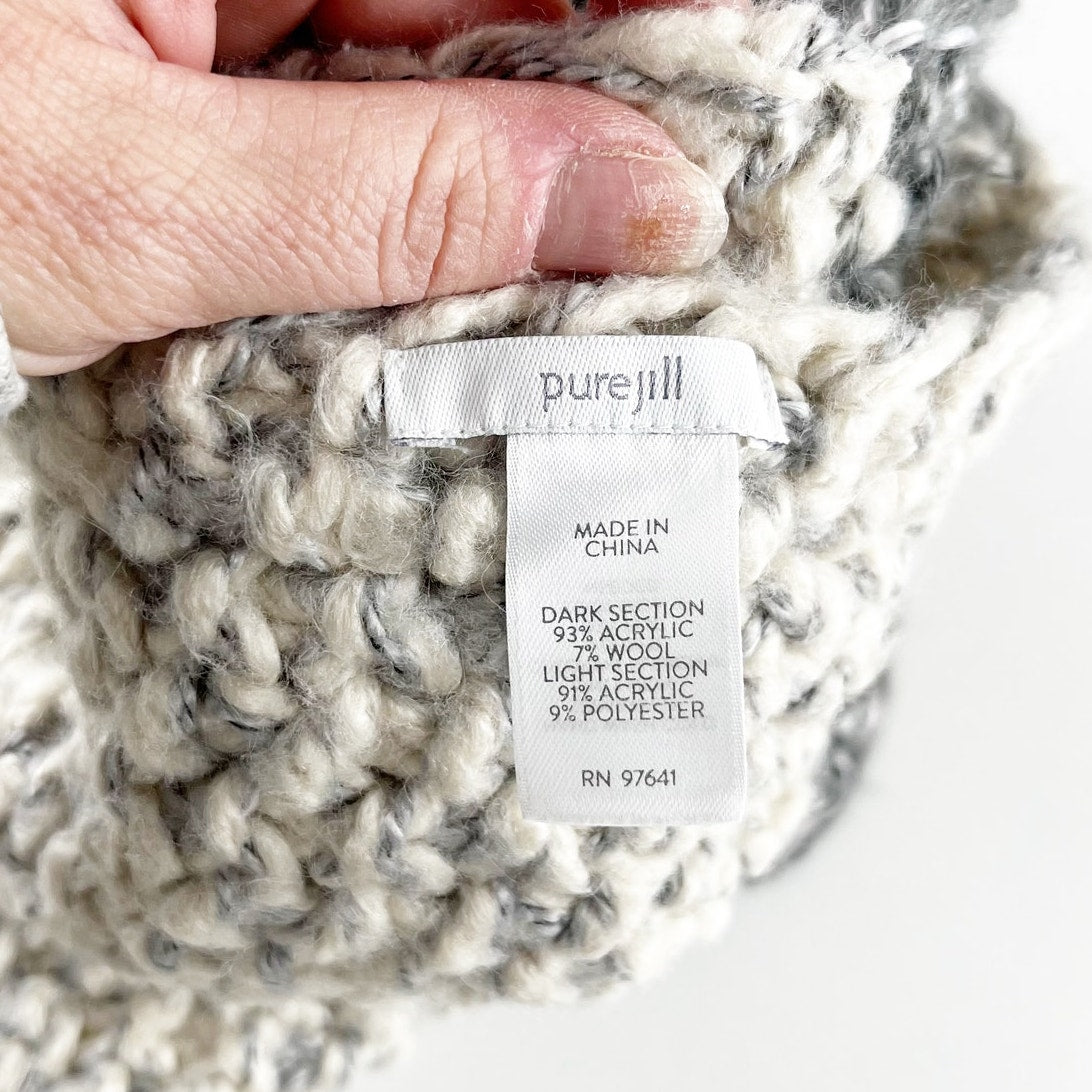 J. Jill Wool Blend Colorblock Crochet Knit Fringe Trim Scarf Wrap Gray