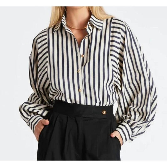 Bishop + Young Aly Striped Long Sleeve Button Front Blouse Cream Navy Blue Small