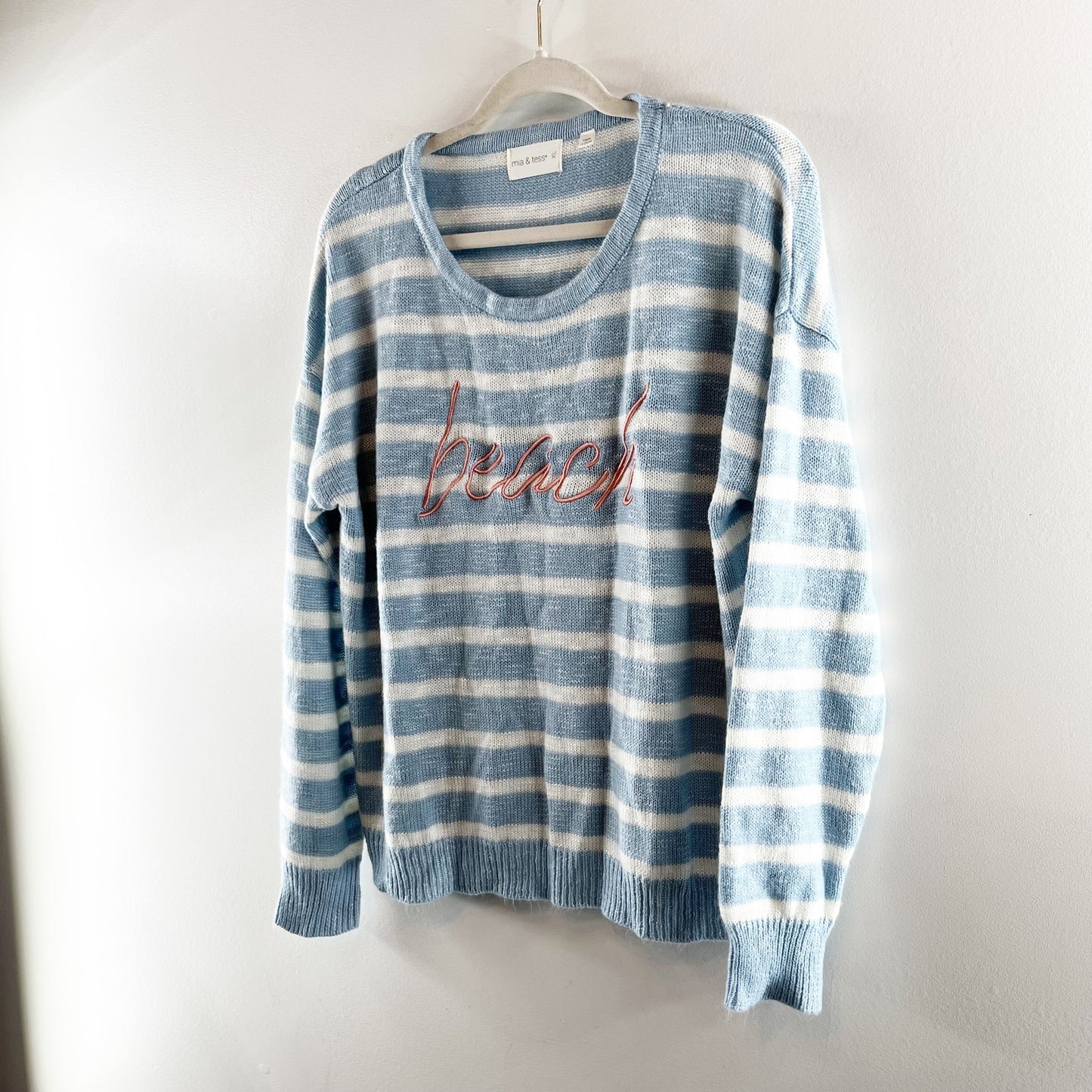 Mia & Tess Striped Crewneck Long Sleeve Embroidered Beach Sweater Blue XL