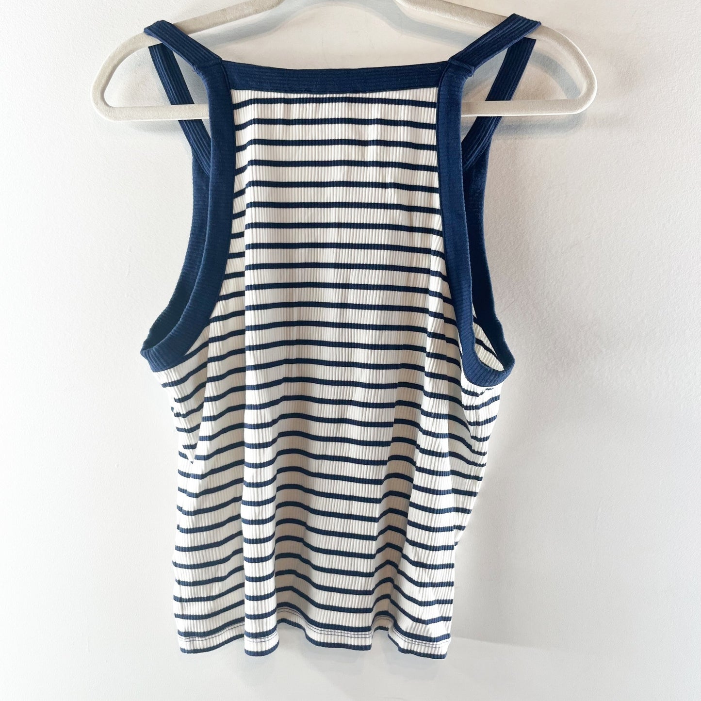 J. Crew Cotton Blend Striped Sleeveless Ribbed Tank Top White Blue XL