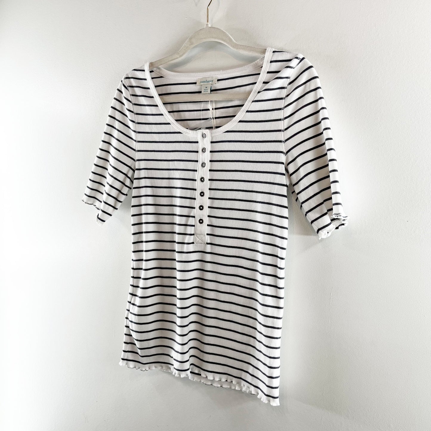 Sundance Cotton Striped Short Sleeve Scoopneck Henley Tee Shirt White Blue Small