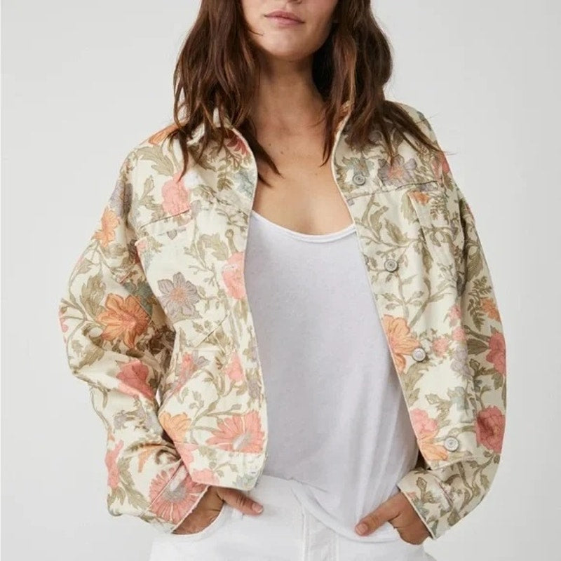 Free People Opal Floral Denim Trucker Jean Jacket Tan Beige Pink Small