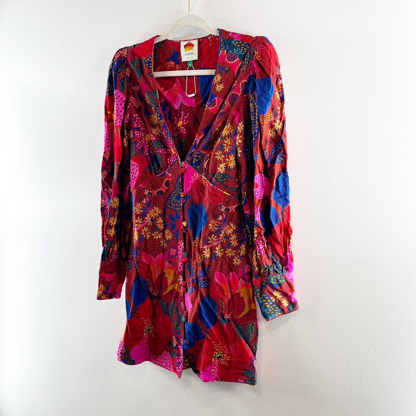 Farm Rio Red Wild Life Long Puff Sleeve Mini Dress Snake Garden Red Medium