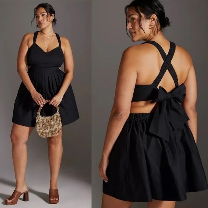 Maeve Anthropologie Fit and Flare Bow X Back Cutout Mini Dress Black 10