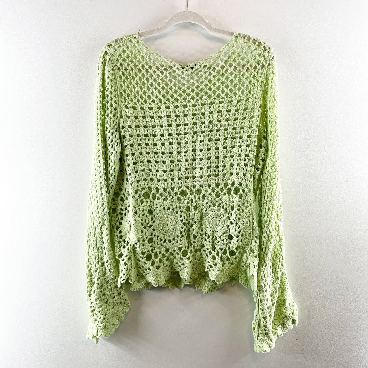 Jacquie The Label Cotton June Scalloped Open Gauge Pullover Sweater Green Large