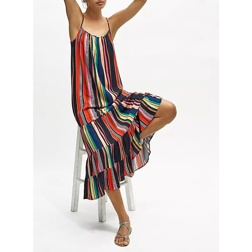Farm Rio Rainbow Shimmer Striped Sleeveless Tiered Maxi Dress Small