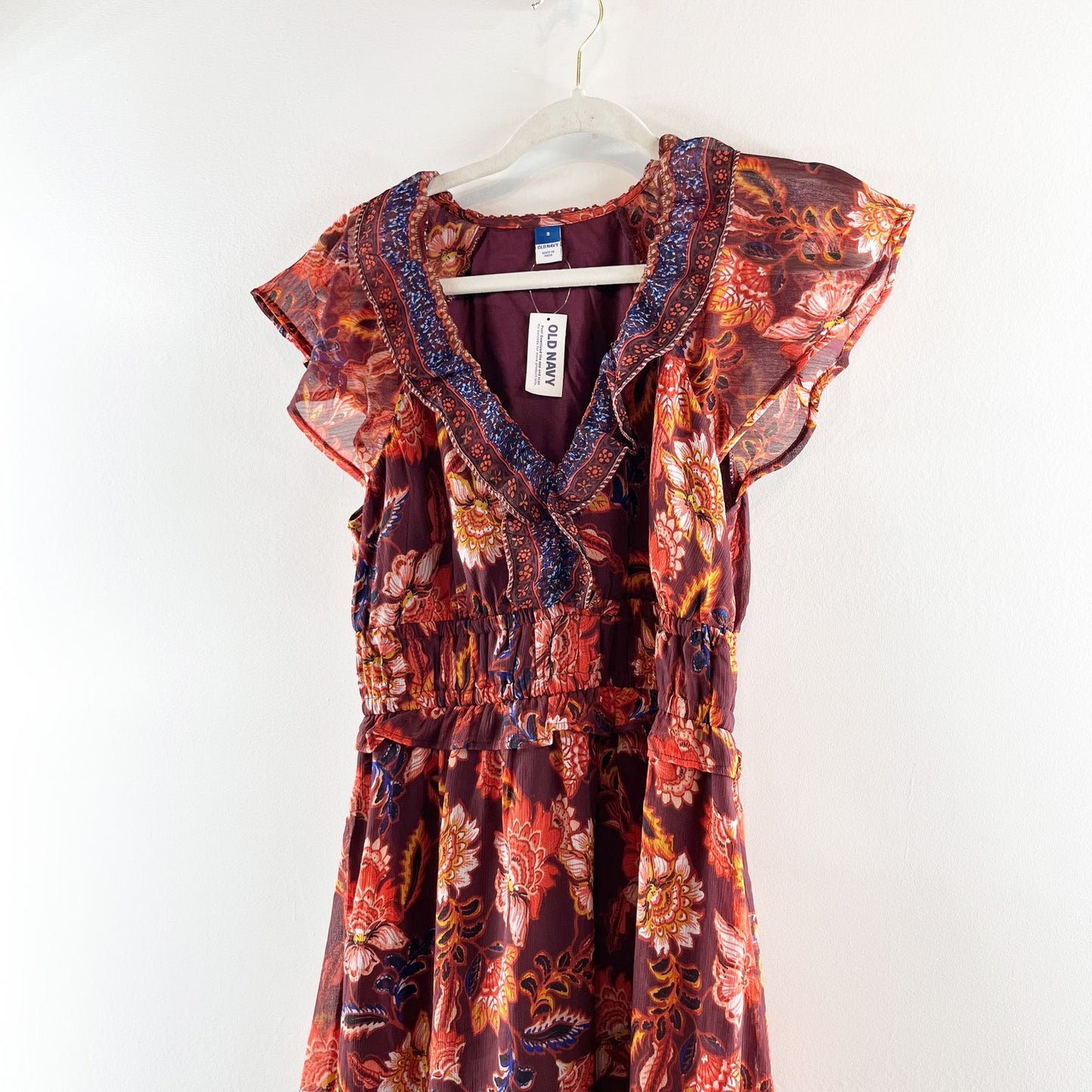 Old Navy Waist Defined Flutter Short Sleeve Floral Midi Dress Rust Red Small