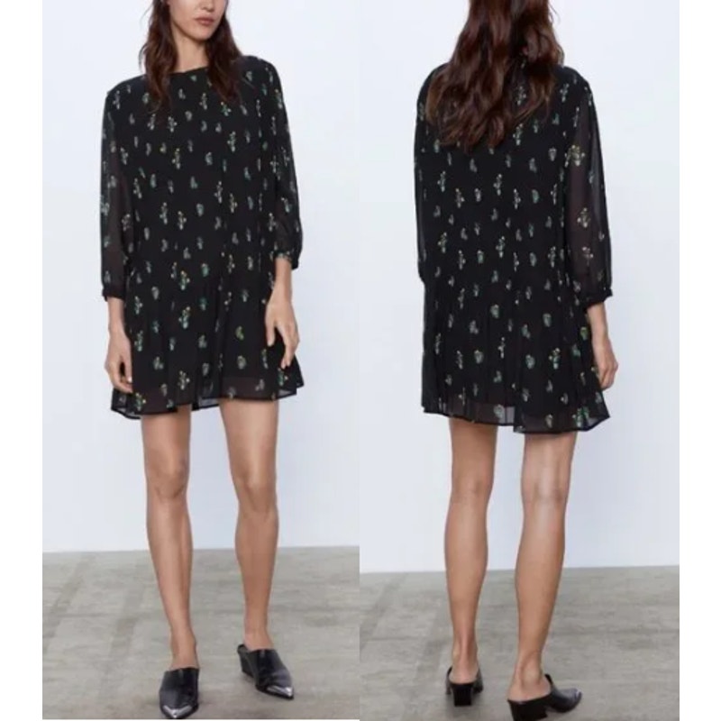 Zara Cactus Print 3/4 Sleeve Crew Neck Plisse Pleated Mini Dress Black Small