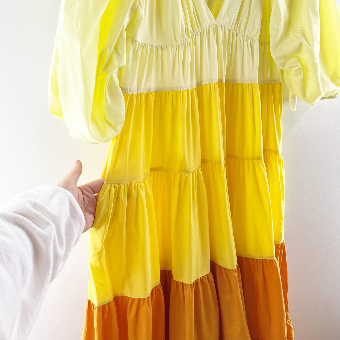 Staud Puff Sleeve Tiered Meadow Colorblock Maxi Dress in Sun Beach Medium