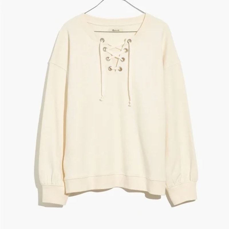 Madewell Lace Up Cotton Hemp Pullover Sweatshirt Ivory Cream XS