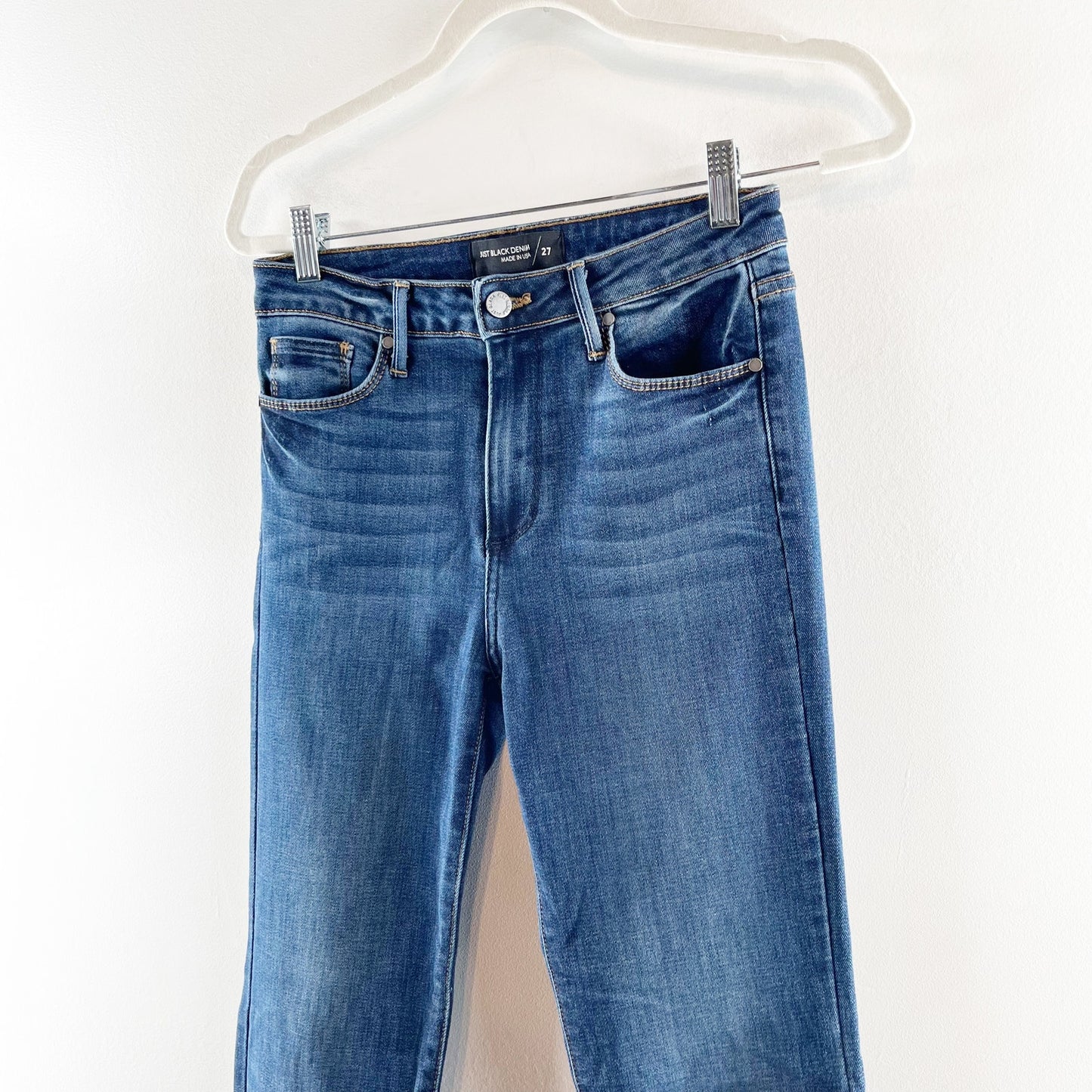 Just Black Denim The High Rise Fall Flare Raw Hem Dark Wash Jeans Blue 27