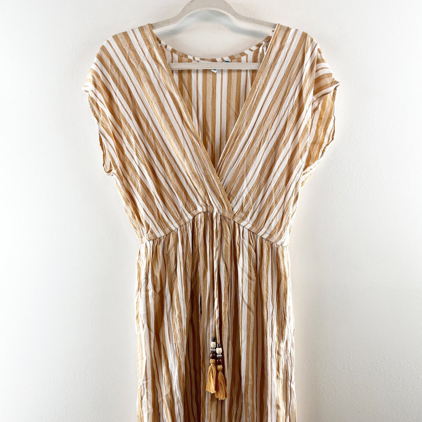 Blue Island Short Sleeve V Neck Striped Slit Cover Up Maxi Dress Tan White M