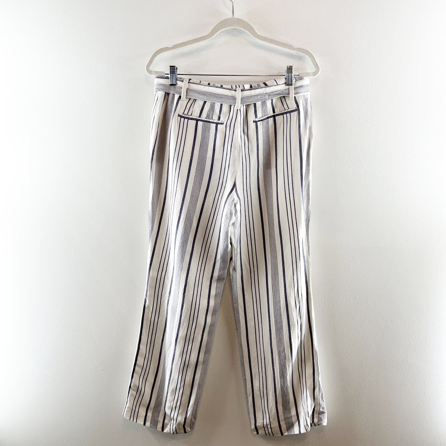 LOFT Striped Linen Blend Ankle Belted Pants White Blue 8 Petite