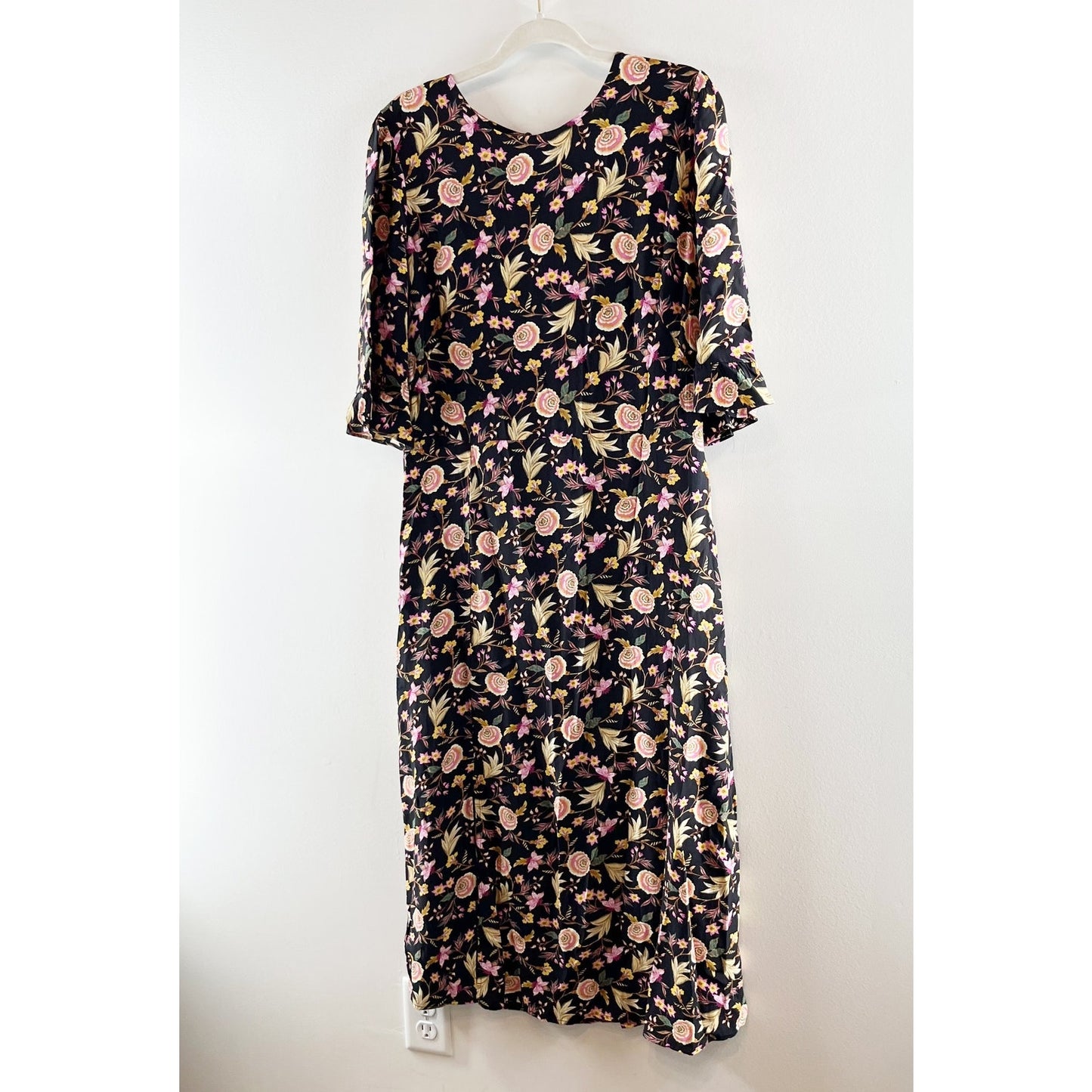 LOFT Floral Print Ruffle Sleeve Side Slit Viscose Shift Midi Dress Black 12