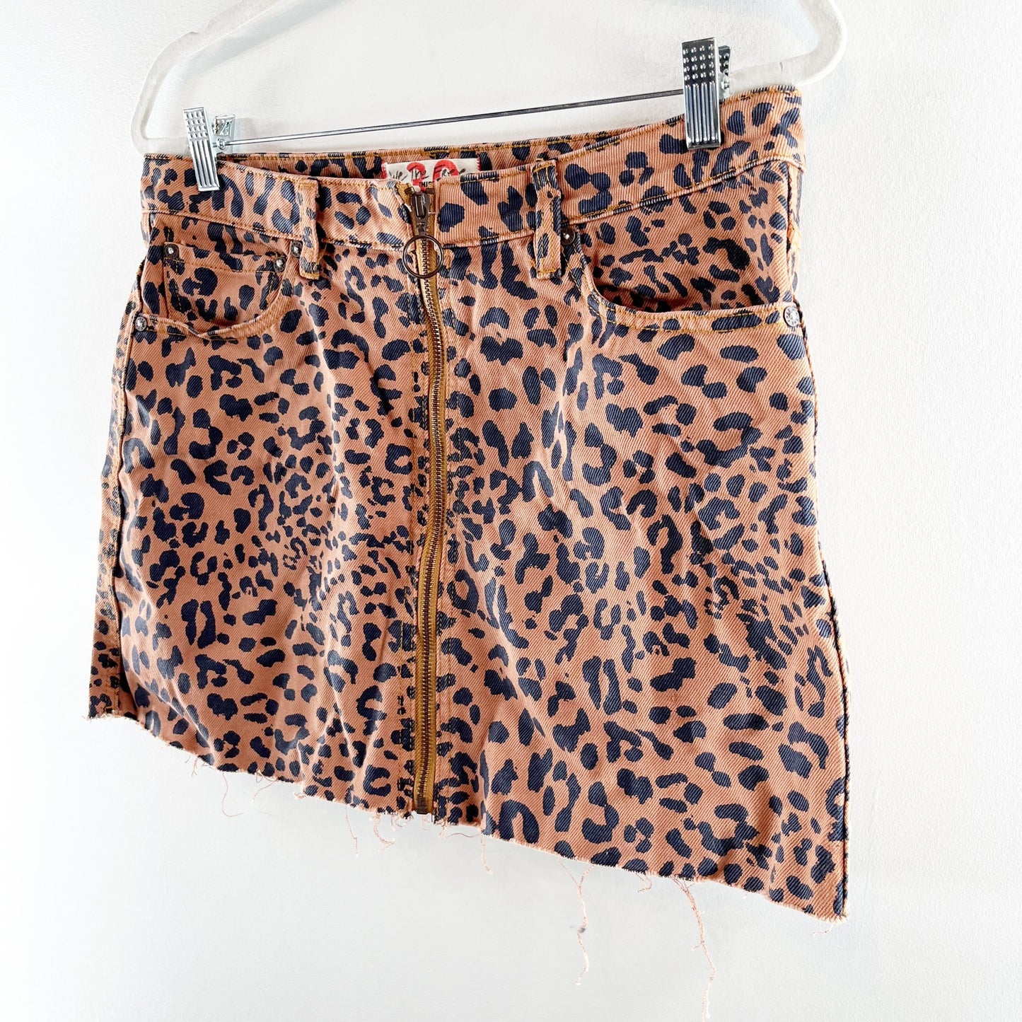 Free People Zip It Up Raw Hem Denim Jean Mini Skirt Leopard Spot Brown 30 / 10