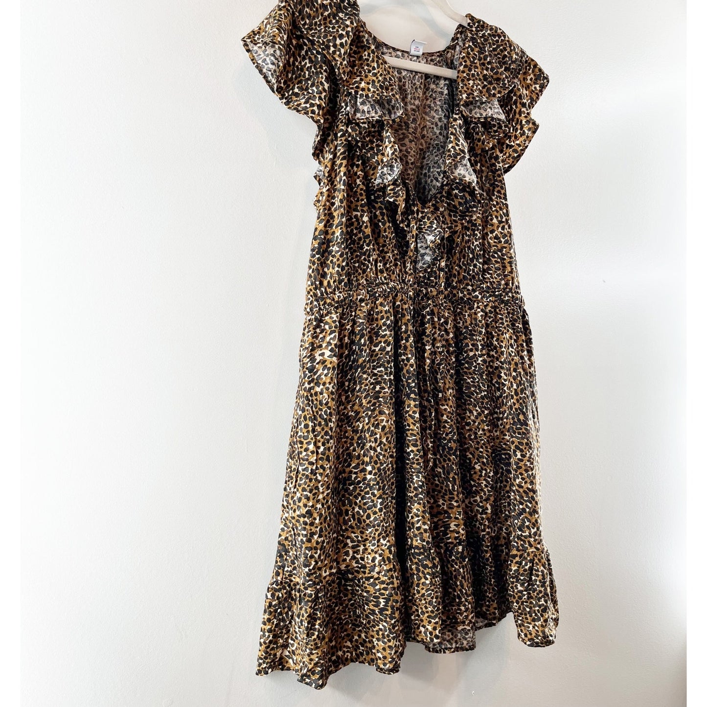 Old Navy Waist Defined Ruffle Trim Mini Dress Leopard Wild Spots Brown Large