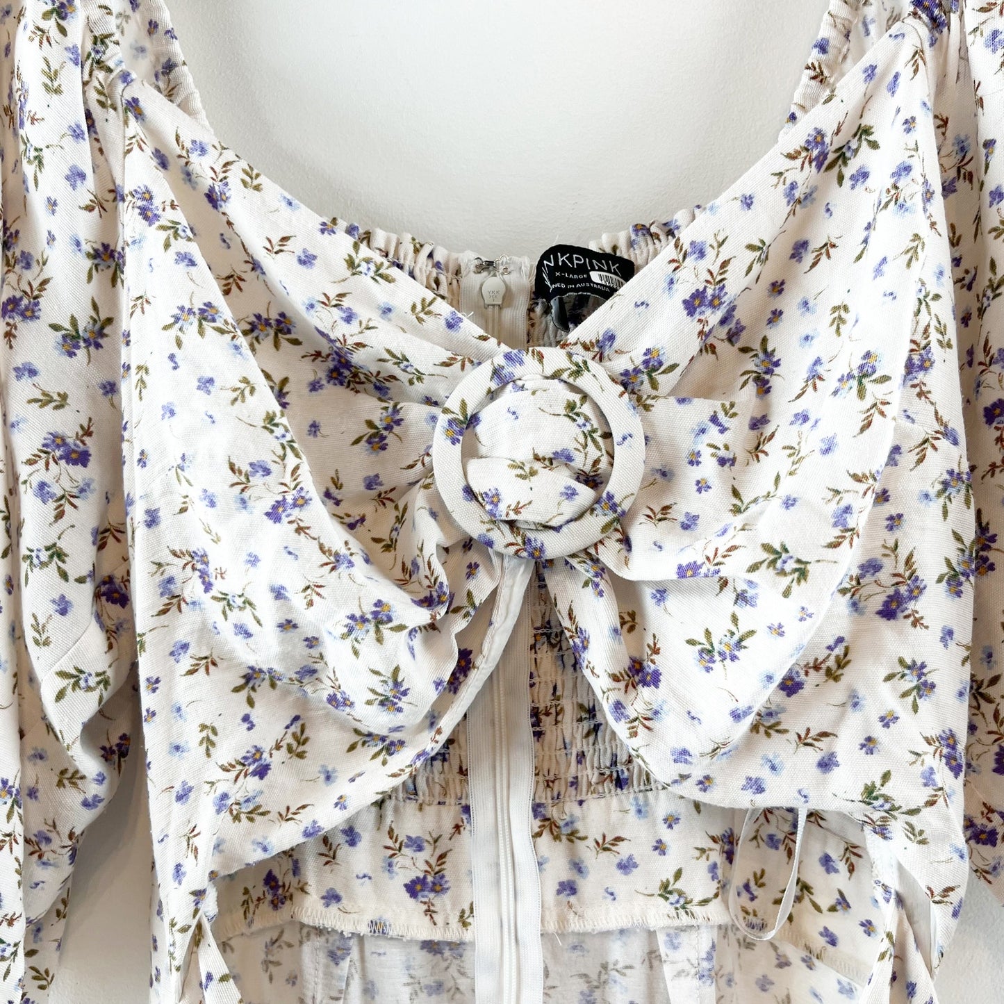 MINKPINK Hailey Floral Puff Sleeve Cutout Midi Dress Off-White Purple XL