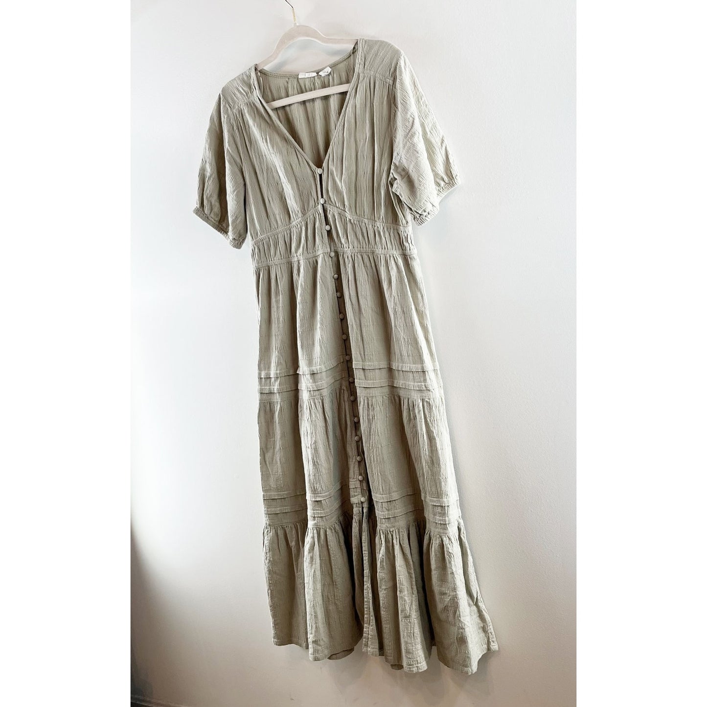 Lucky Brand Cotton Button Up Tiered Short Sleeve Maxi Dress Green Large