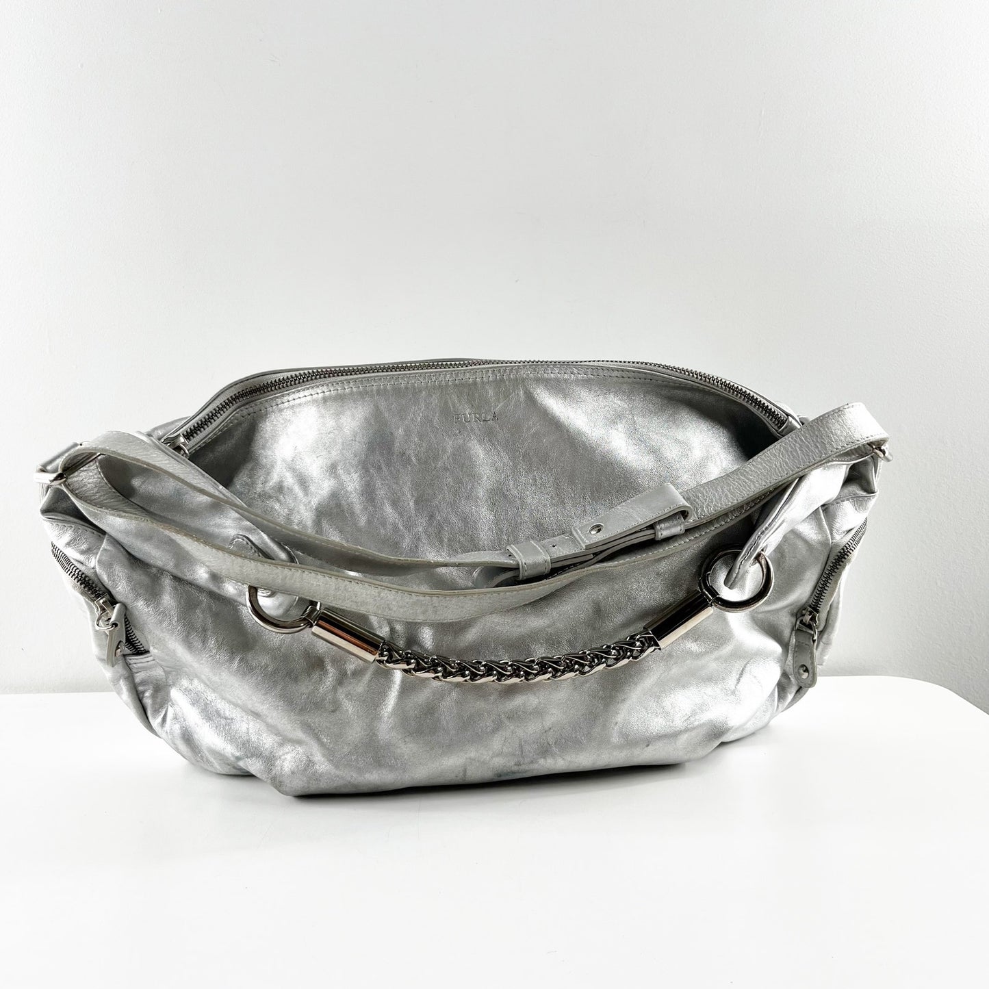 Furla Shoulder Bag Purse Metallic Silver