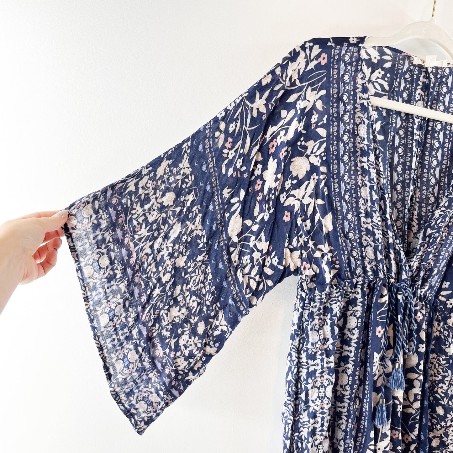 Lovestitch Kimono Bell Flare Sleeve V Neck Mini Dress Blue Medium