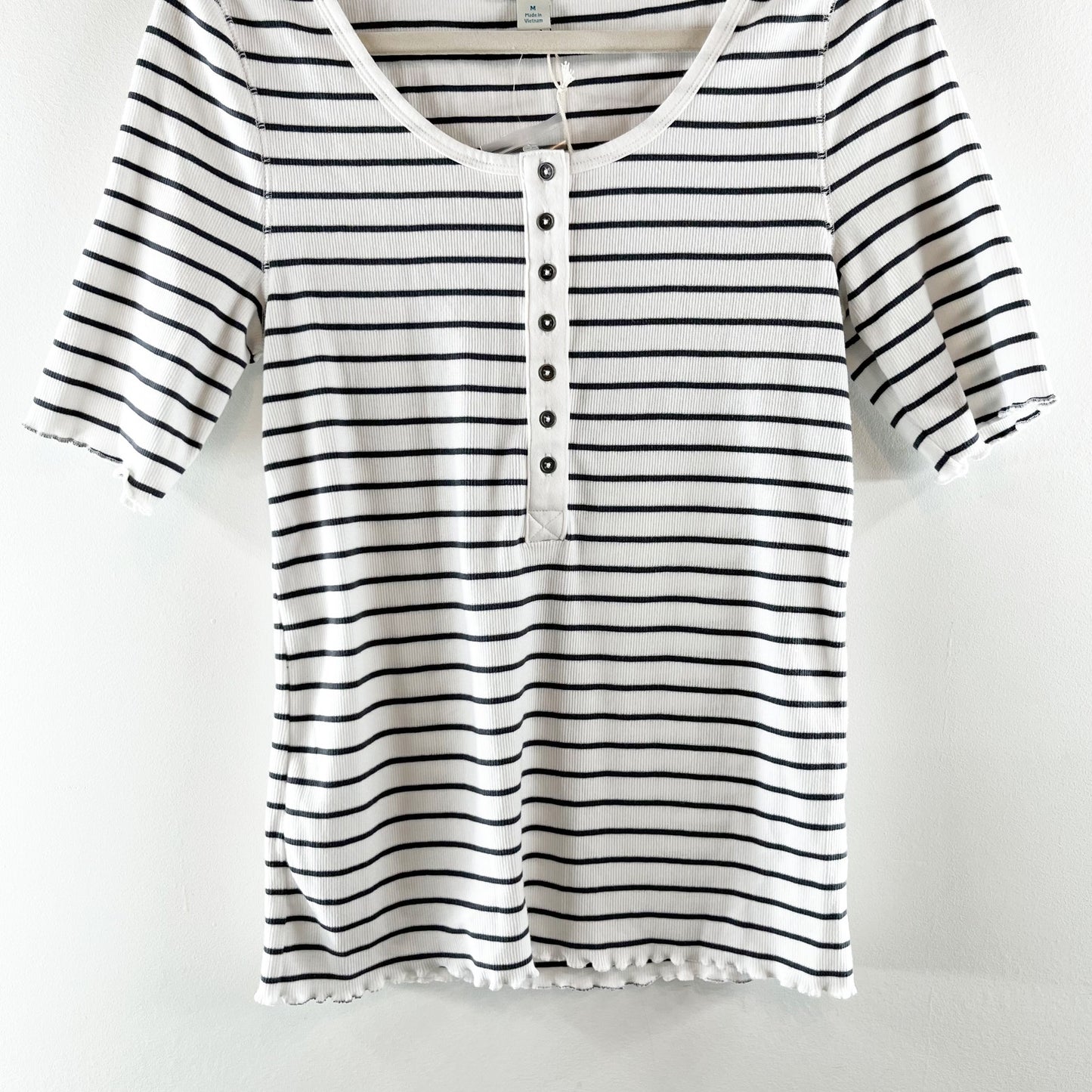 Sundance Cotton Striped Short Sleeve Scoopneck Henley Tee Shirt White Blue Small