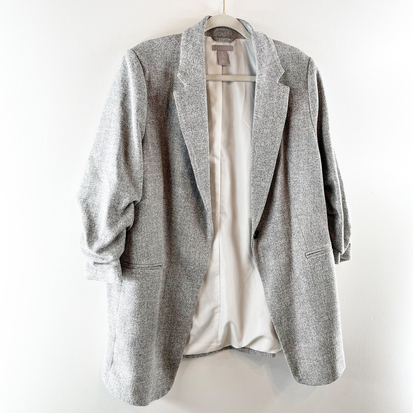 H&M Gathered 3/4 Sleeve Single Button Blazer Jacket Gray Large
