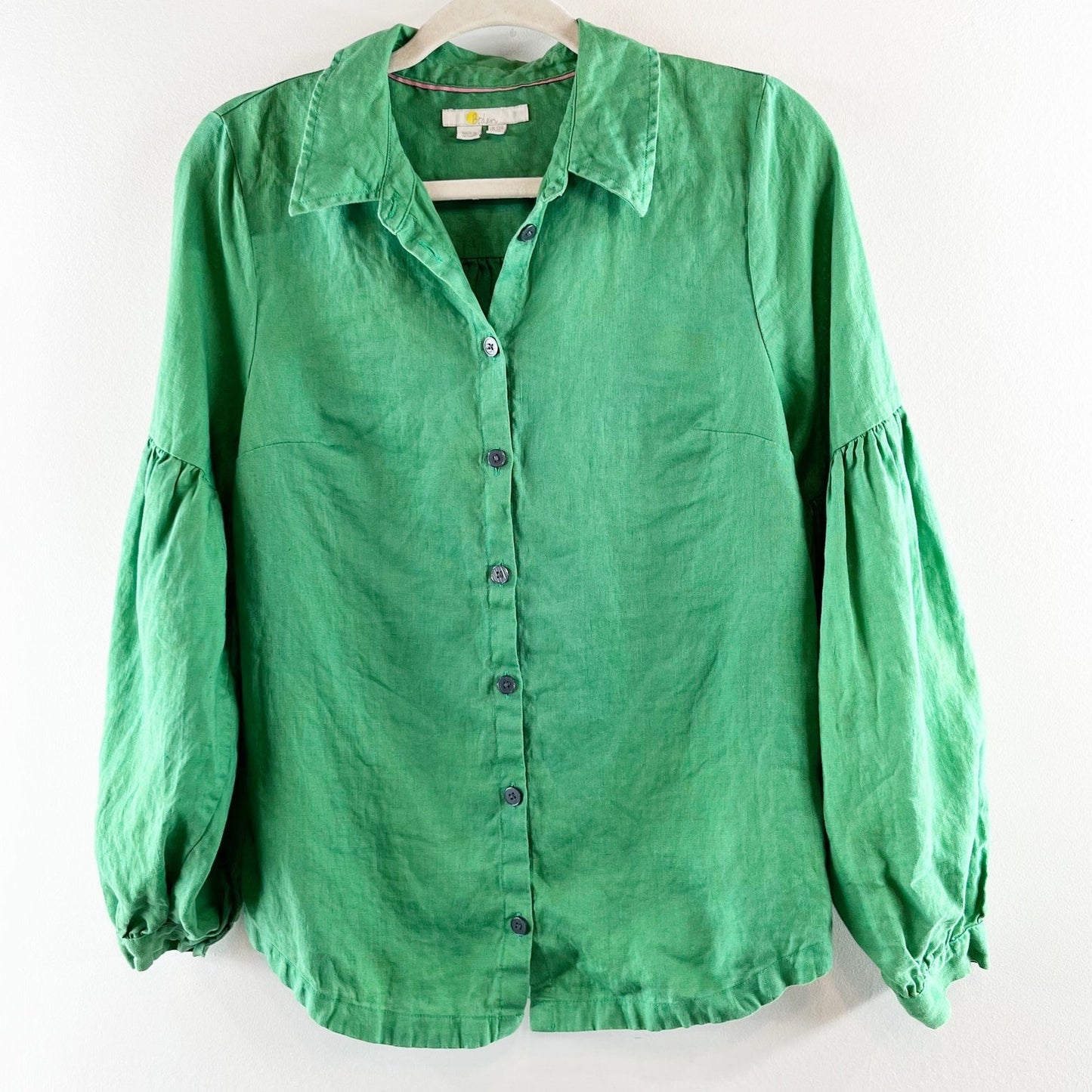 Boden Linen Button Down Long Puff Balloon Sleeve Shirt Blouse Green 8