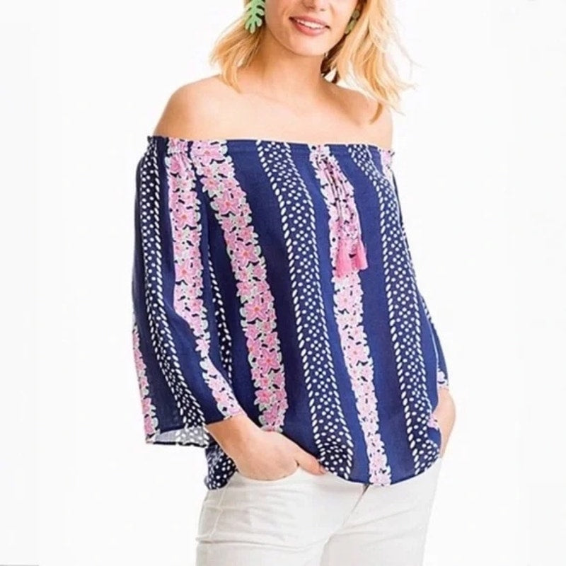 Southern Tide Mackenzie Off The Shoulder Striped Top Shirt Blouse Pink Blue M