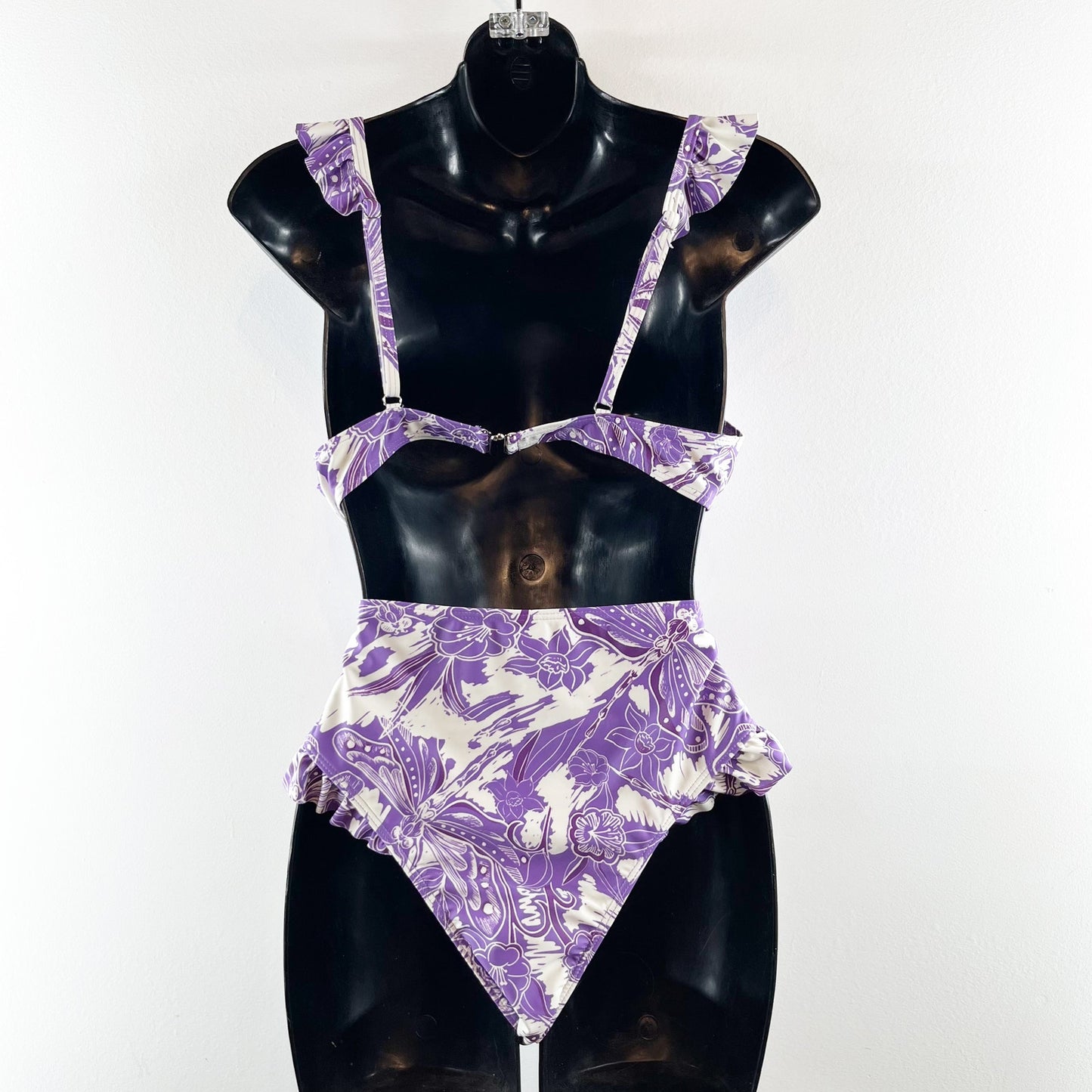 Floral Ruffle Strap High Rise Two Piece Bikini With Wrap Sarong Skirt Purple XL