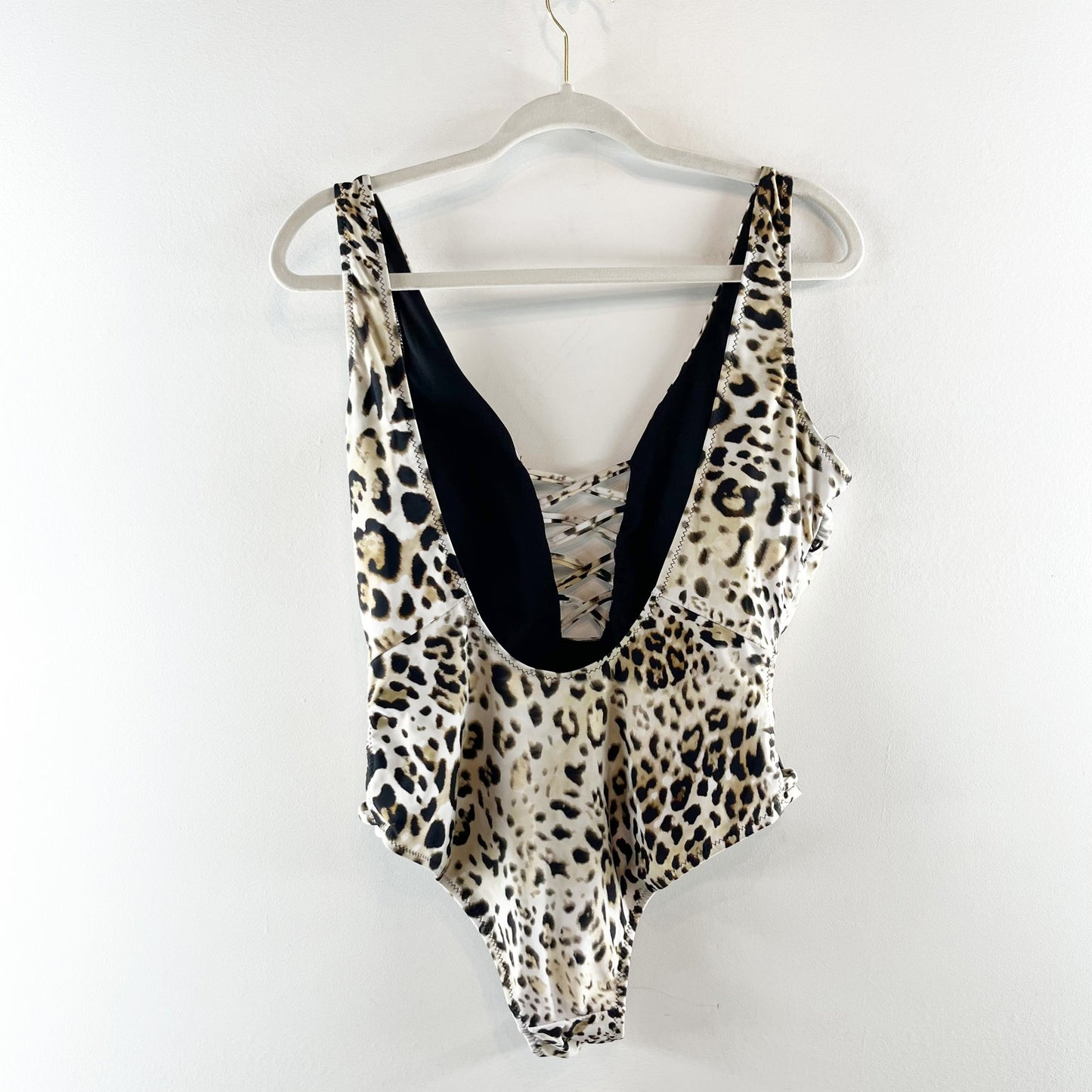 Coastal Waves Leopard Ladder Cutout Front One Piece Swimsuit Tan Black XL