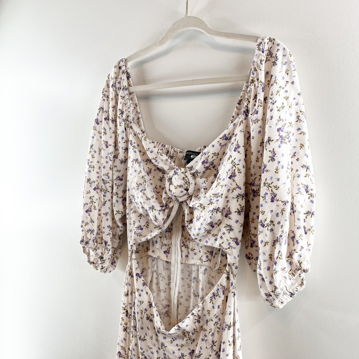 MINKPINK Hailey Floral Puff Sleeve Cutout Midi Dress Off-White Purple XL