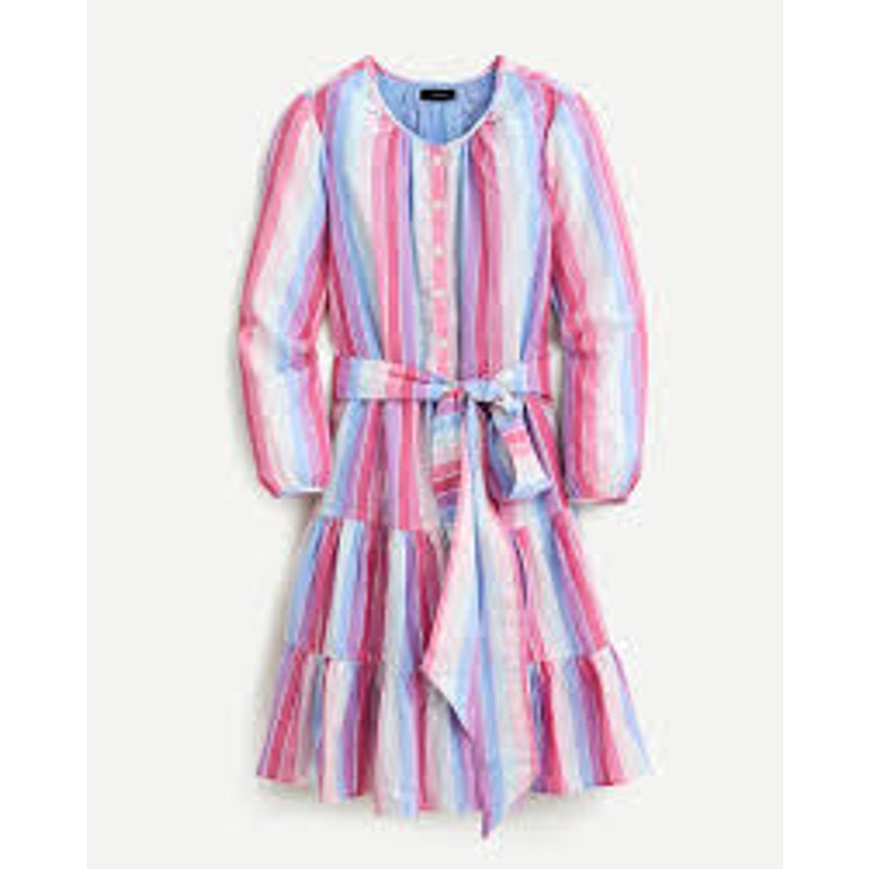 J. Crew Belted Button Up Long Sleeve Mini Dress in Pastel Stripe Purple Pink M
