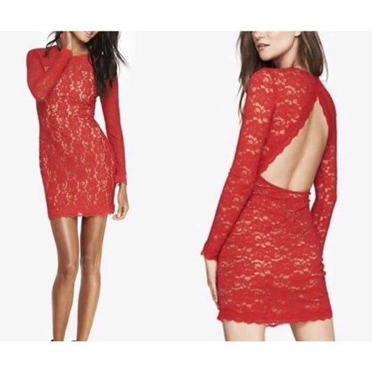 Express Long Sleeve Lace Open Cutout Back Mini Dress Red Small