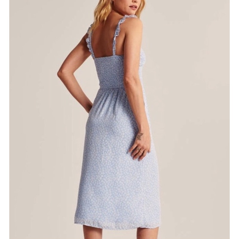 Abercrombie & Fitch Smocked Square Neck Floral Midi Slip Dress Blue Small