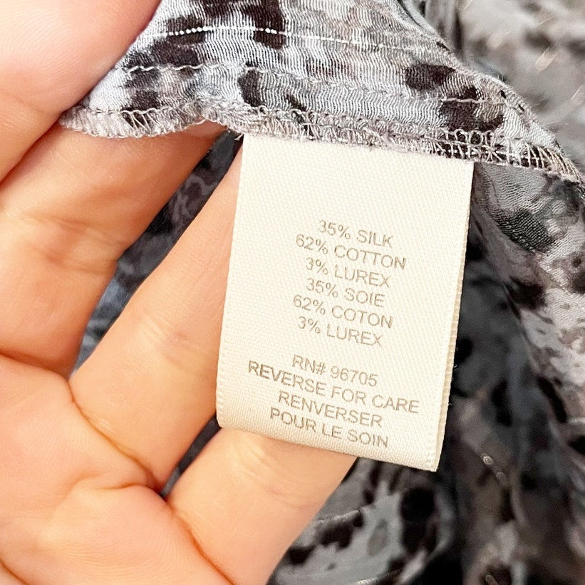 Rebecca Taylor Floral Print Long Sleeve Silk Blend Button Blouse Gray Medium