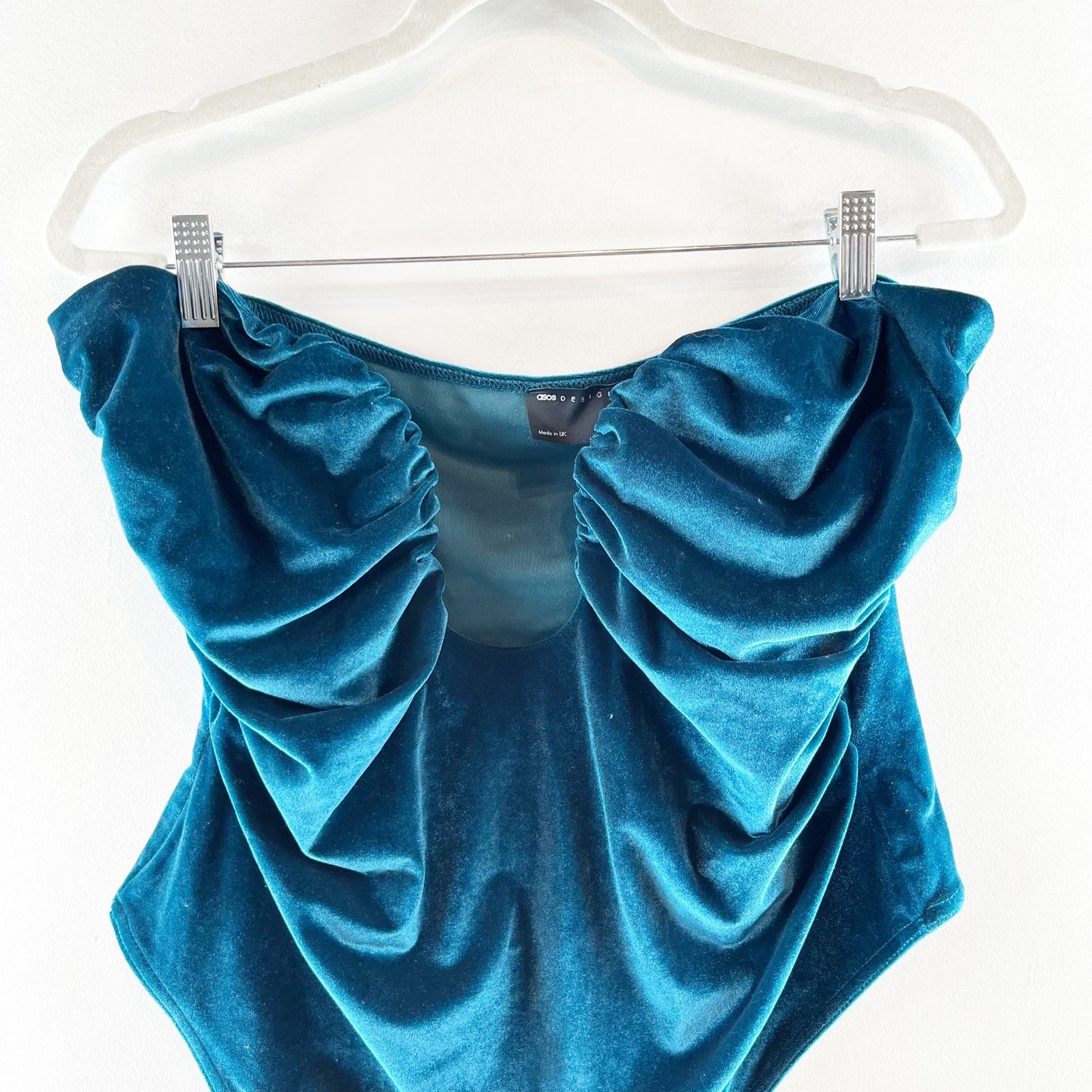 ASOS Design Plunge Strapless Velvet Bodysuit Teal Blue 14