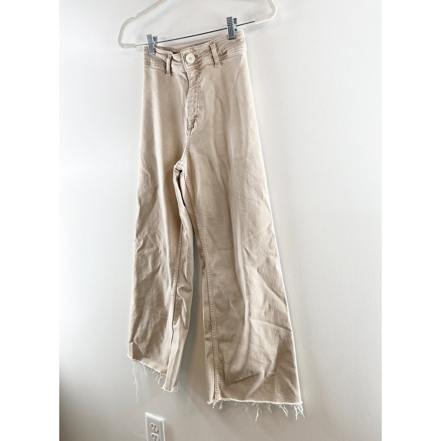 ZARA The Marine High Rise Wide Leg Raw Hem Pants Jeans Tan Khaki 2