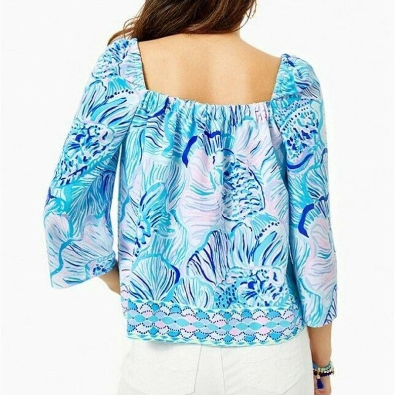 Lilly Pulitzer Lizzie Blouse Top Bermuda Blue Fishful Thinking Blue Lilac Small