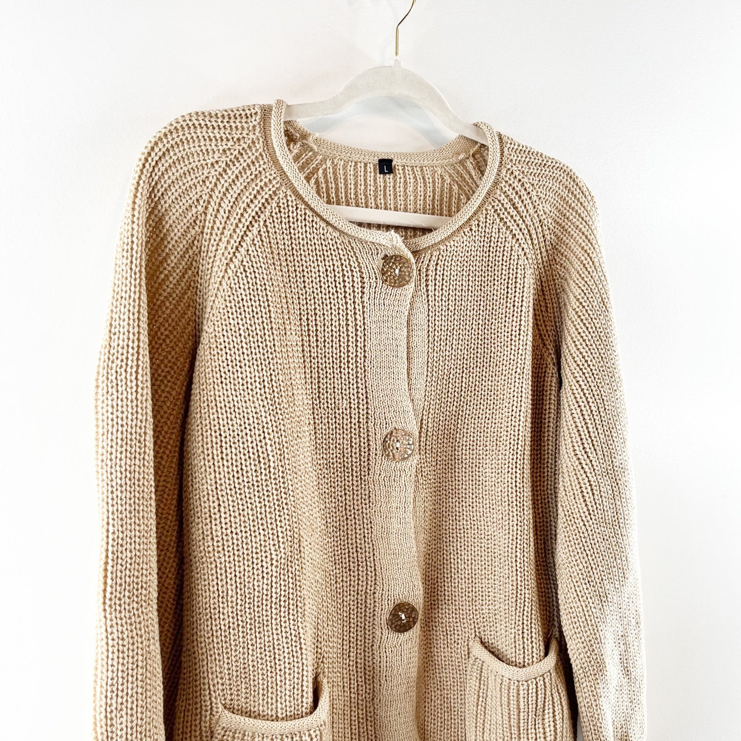 Chunky Long Sleeve Gold Button Cardigan Sweater Tan Beige Large