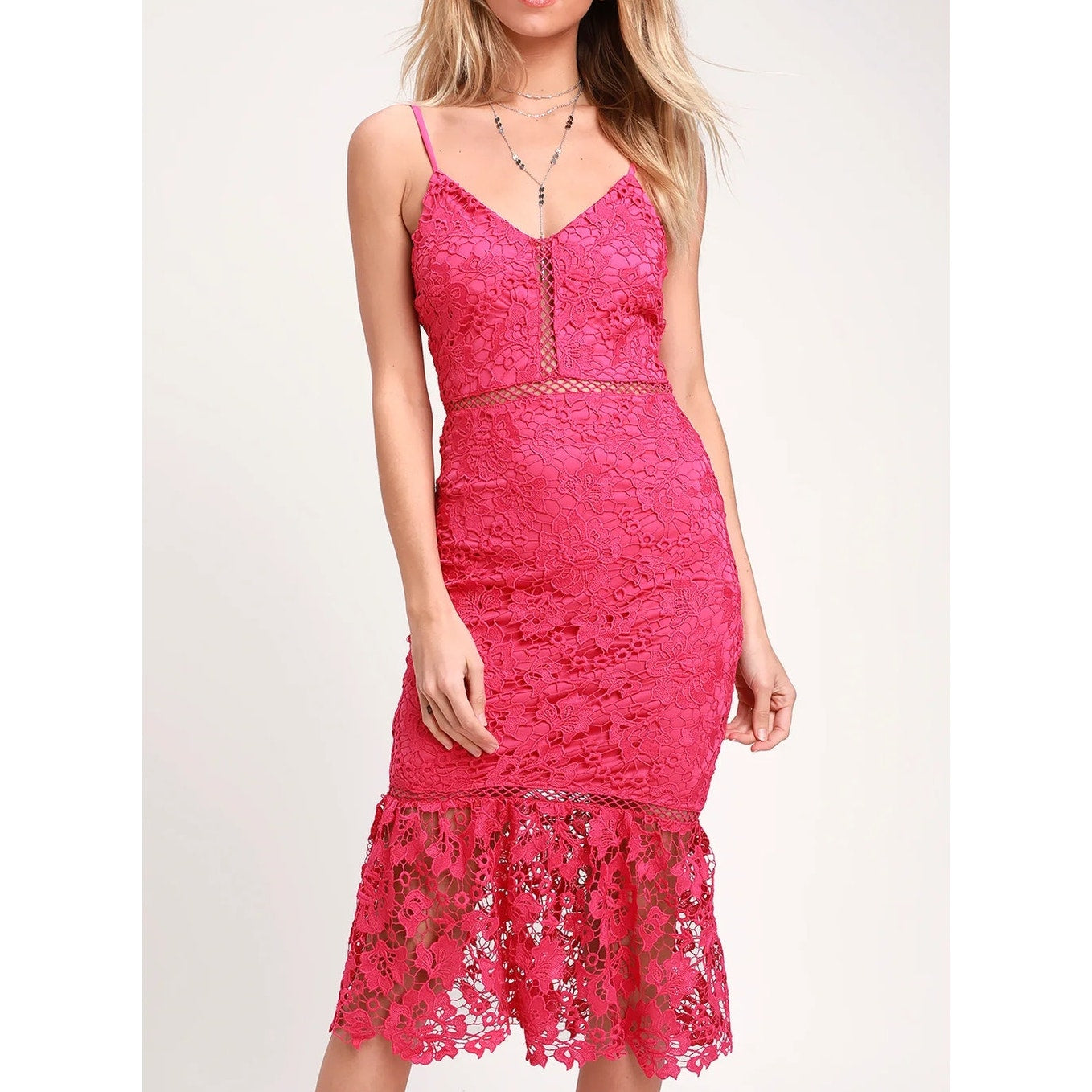 Lulus Taliah Sleeveless Floral Lace Crochet Trim Midi Trumpet Dress Hot Pink S