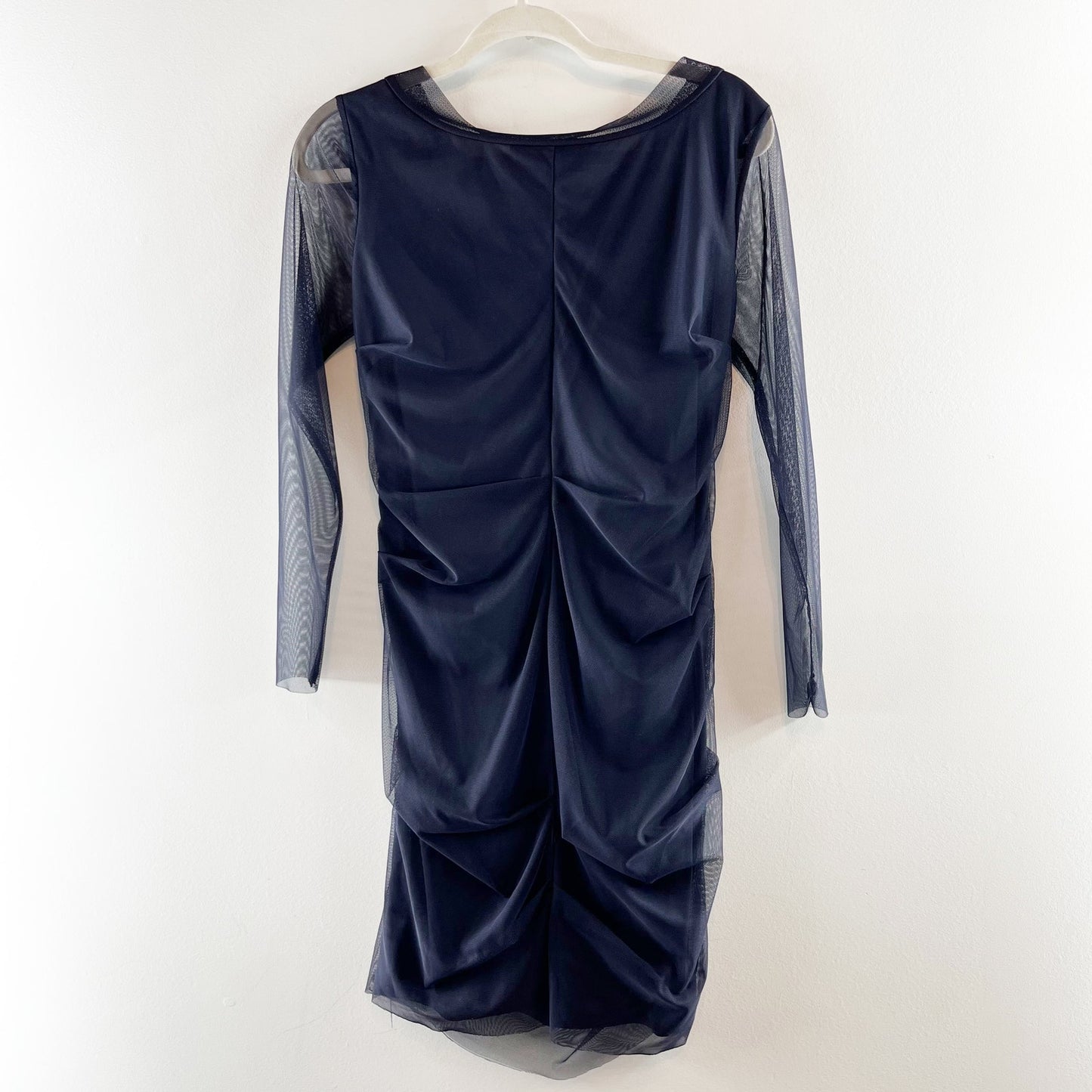 Sara Campbell Ruched Drapey Mesh Sleeve Lined Sheer Overlay Shift Dress Blue 4