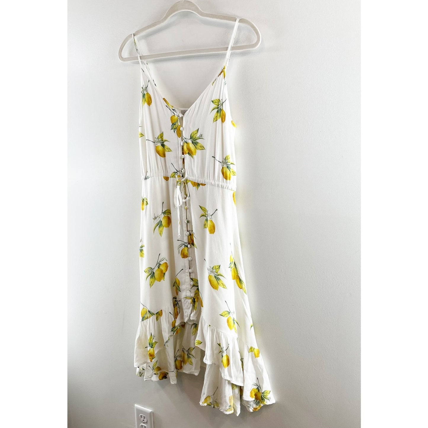 Rails Frida Citronnade Lemon Print Ruffle Hem Hi Low Midi Dress White XS