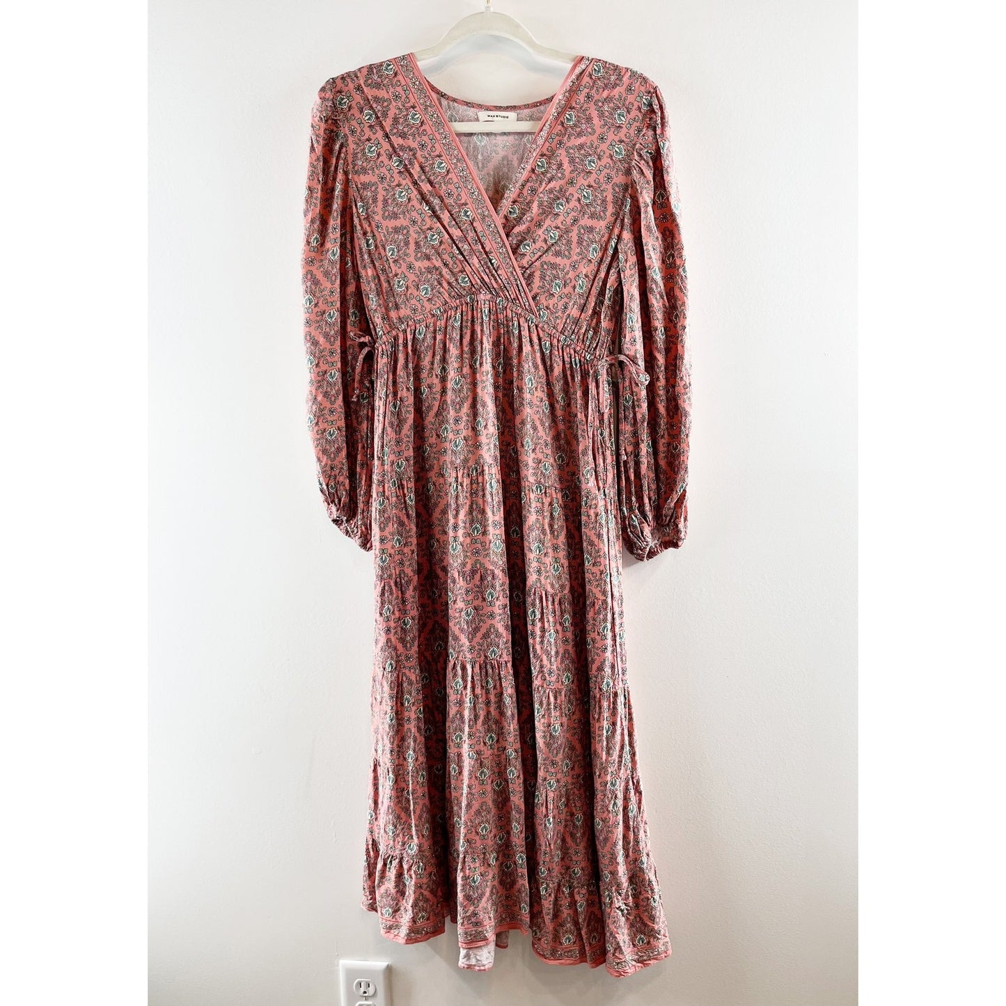 Max Studio Long Sleeve V Neck Printed Midi Dress Maroon Red Small