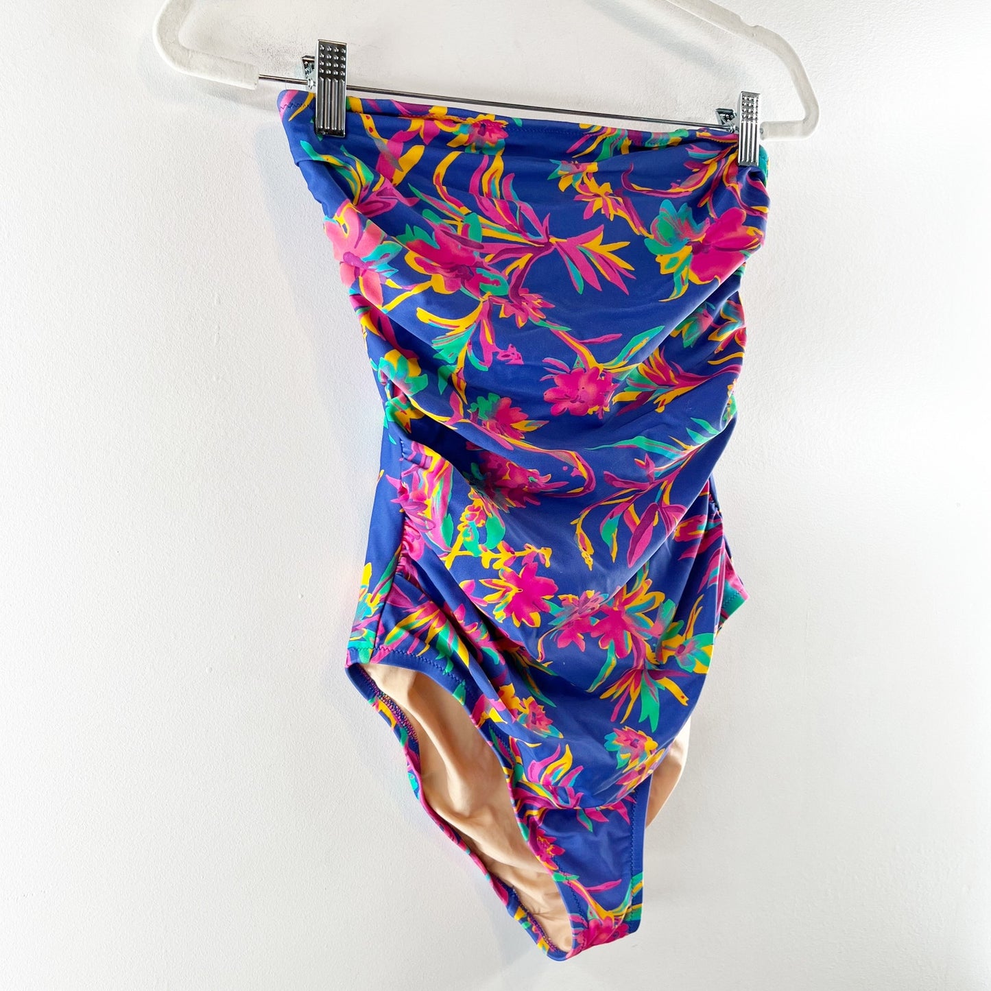 J. Crew Floral Printed Strapless One Piece Swimsuit Blue Small