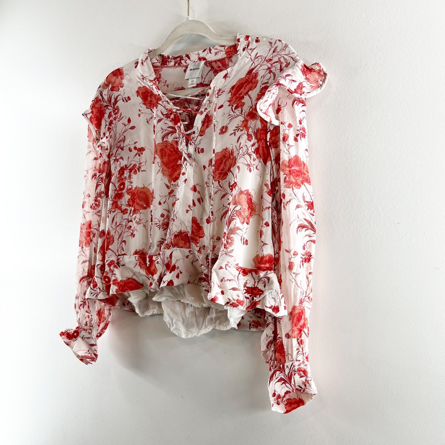 Maeve Floral Print Long-Sleeve Lace-Up Ruffled Sheer Blouse White Red Small P